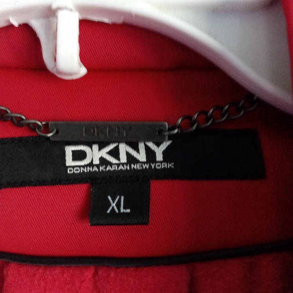DKNY Women Red Button Down w/Belted Tie Rain/Trench Midi Coat size XL - Picture 4 of 12